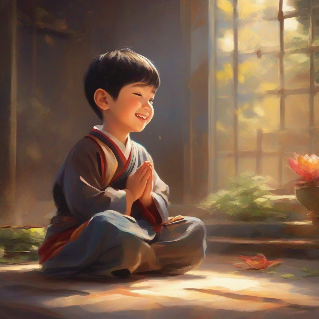little boy with a happy face, wearing traditional clothes praying with a smile on his face