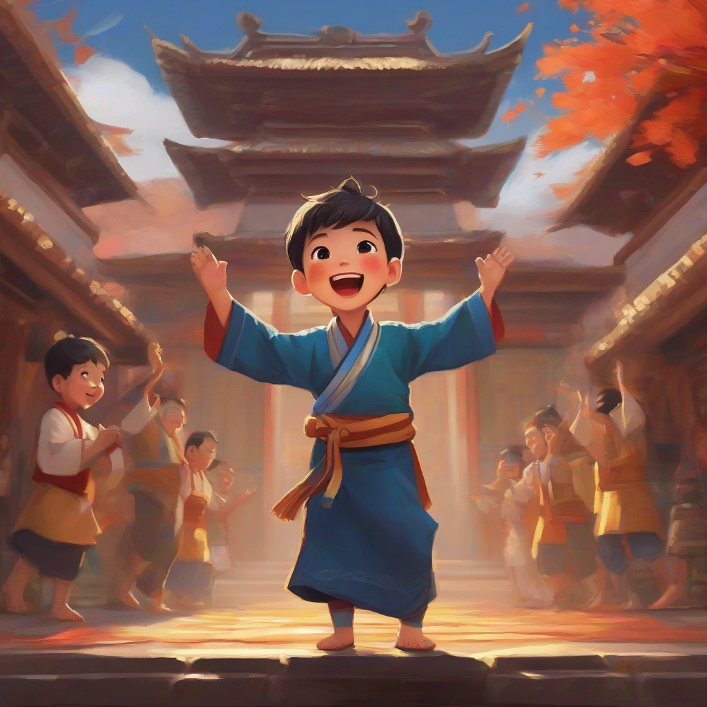 little boy with a happy face, wearing traditional clothes singing and chanting in the temple