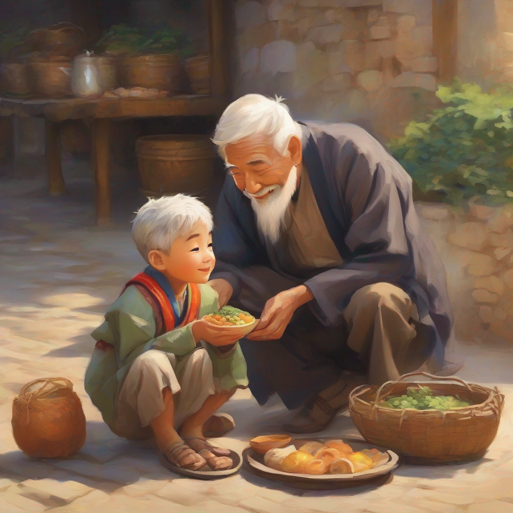 little boy with a happy face, wearing traditional clothes sharing his food with the old man
