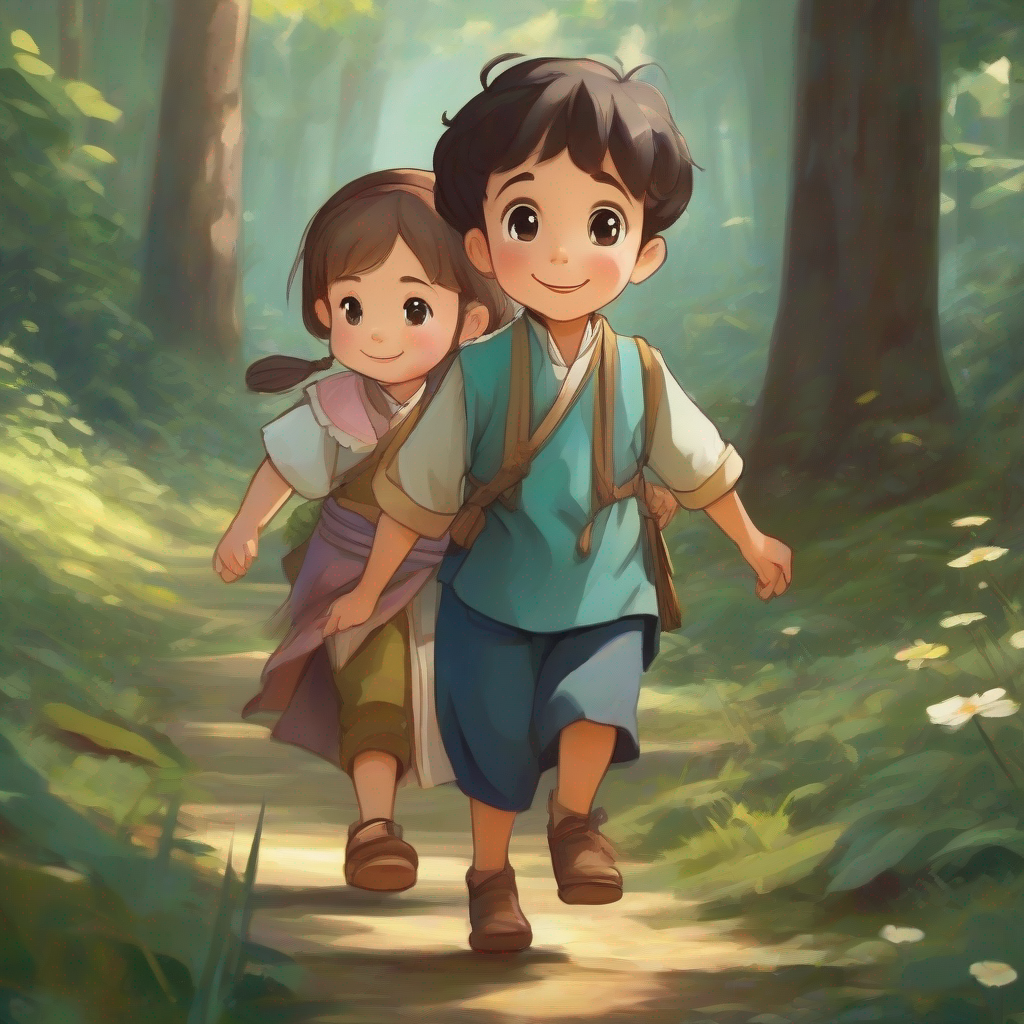 little boy with a happy face, wearing traditional clothes holding the girl's hand and leading her through the forest