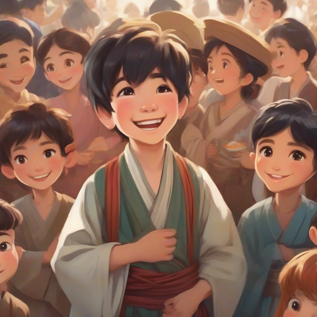 little boy with a happy face, wearing traditional clothes talking and smiling with a group of people