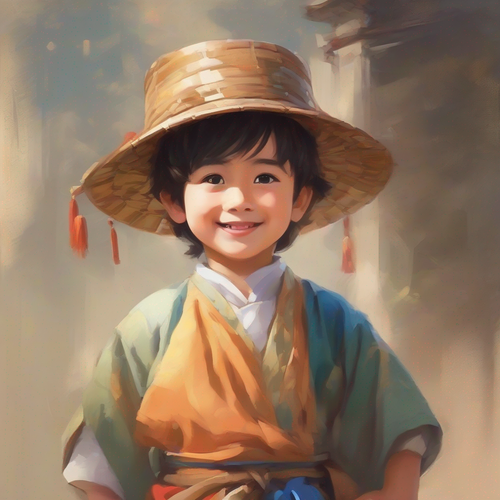 little boy with a happy face, wearing traditional clothes explaining to the boy with a smile
