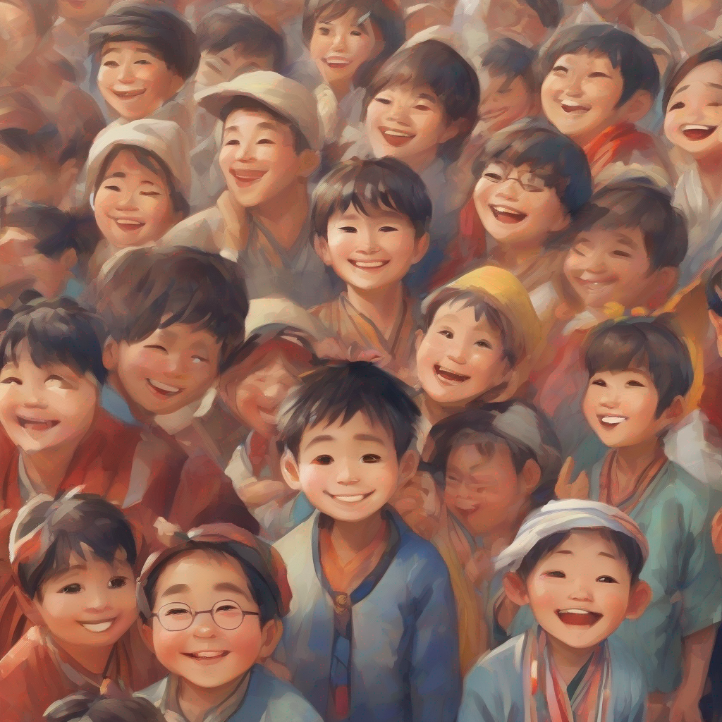 little boy with a happy face, wearing traditional clothes surrounded by happy people
