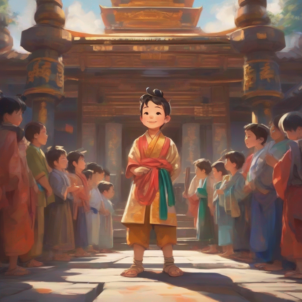 little boy with a happy face, wearing traditional clothes standing in the temple with people bowing to him