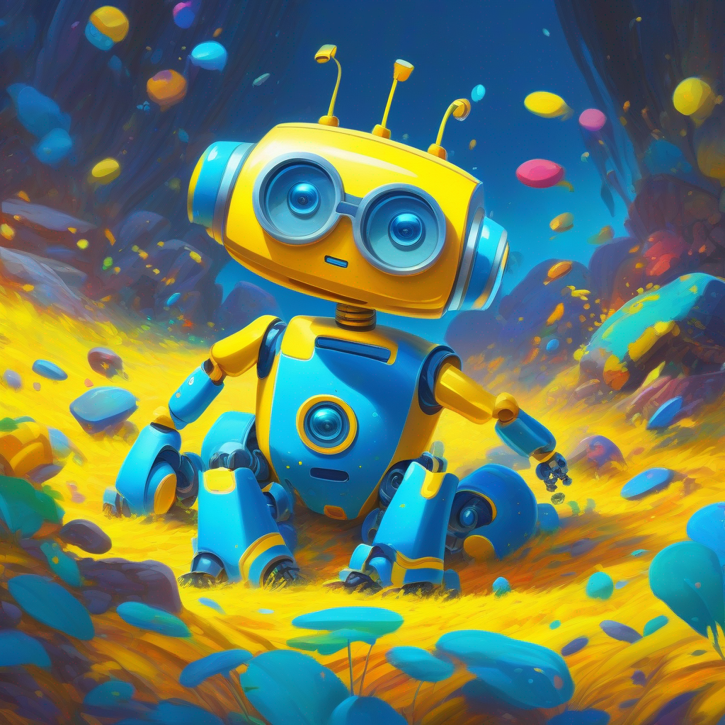 Friendly robot with blue and yellow colors, wears glasses falls and loses his memory, colorful setting with robots and children