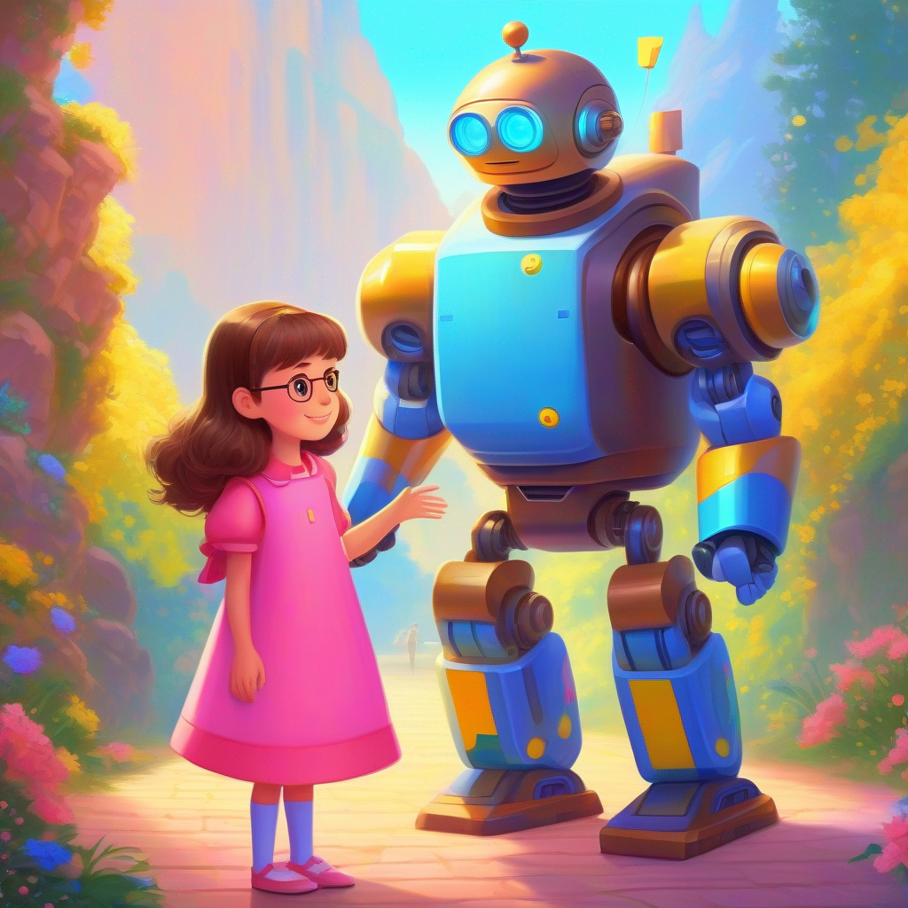 Kind girl with brown hair, wearing a pink dress offers to help Friendly robot with blue and yellow colors, wears glasses reprogram his memory, kind and colorful setting