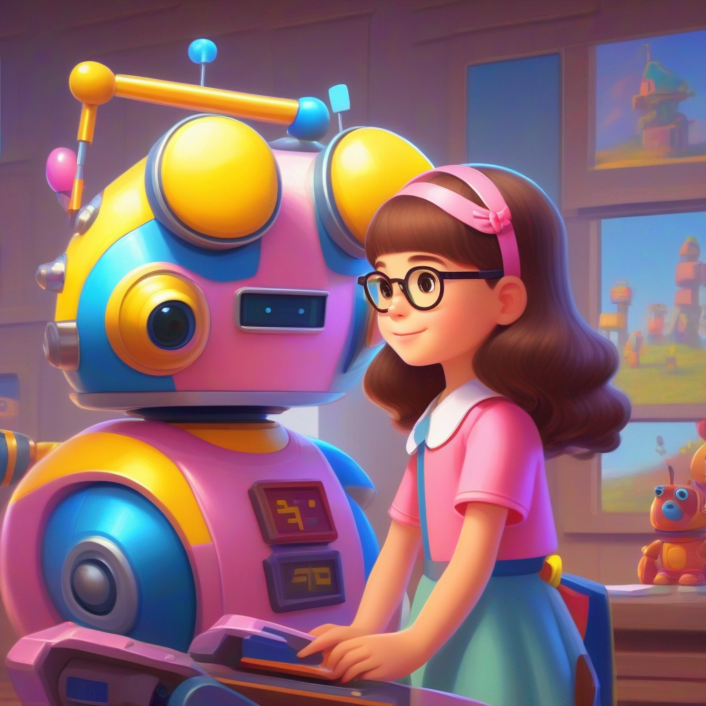 Kind girl with brown hair, wearing a pink dress and Friendly robot with blue and yellow colors, wears glasses learn math together using a computer