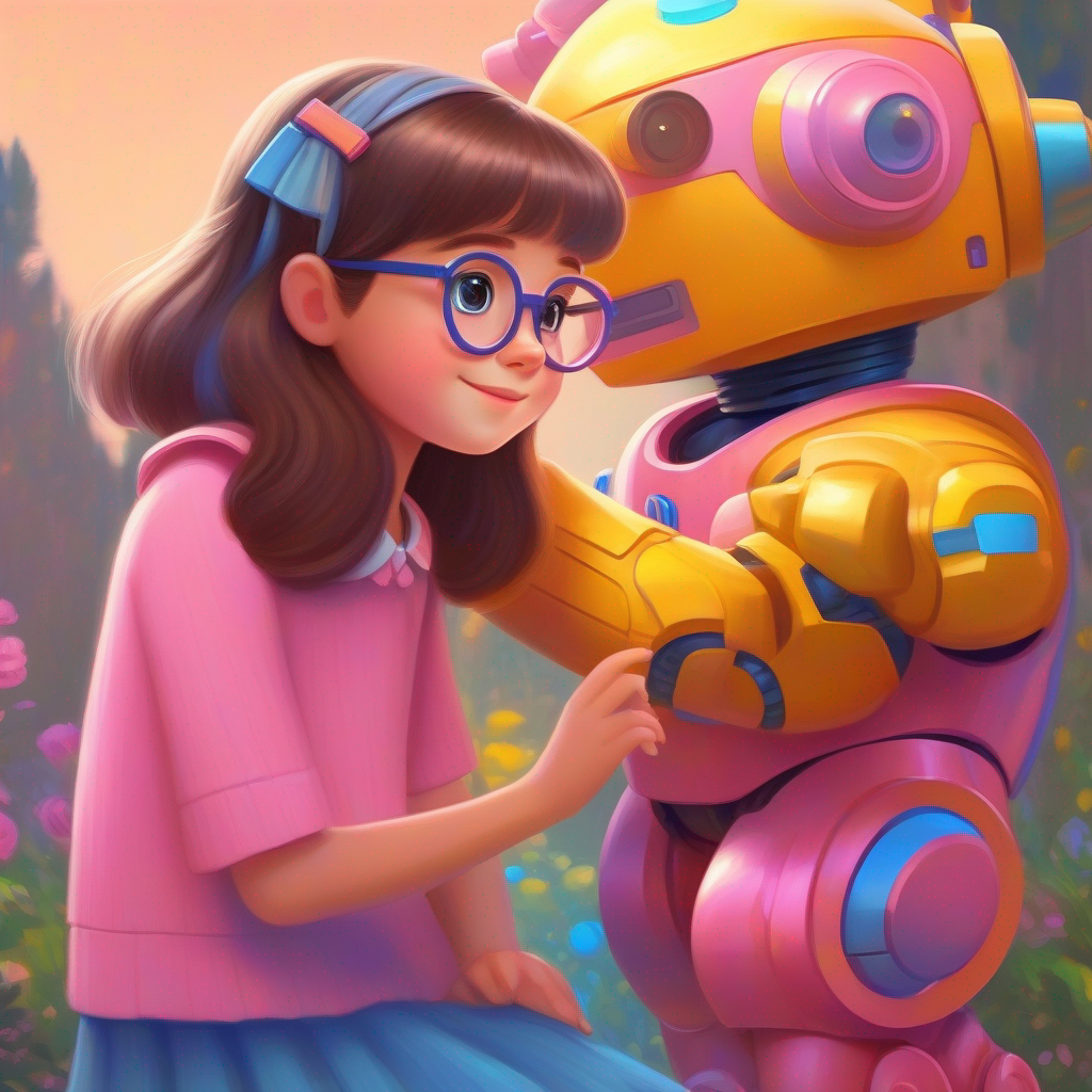 Kind girl with brown hair, wearing a pink dress and Friendly robot with blue and yellow colors, wears glasses continue to learn and become closer friends