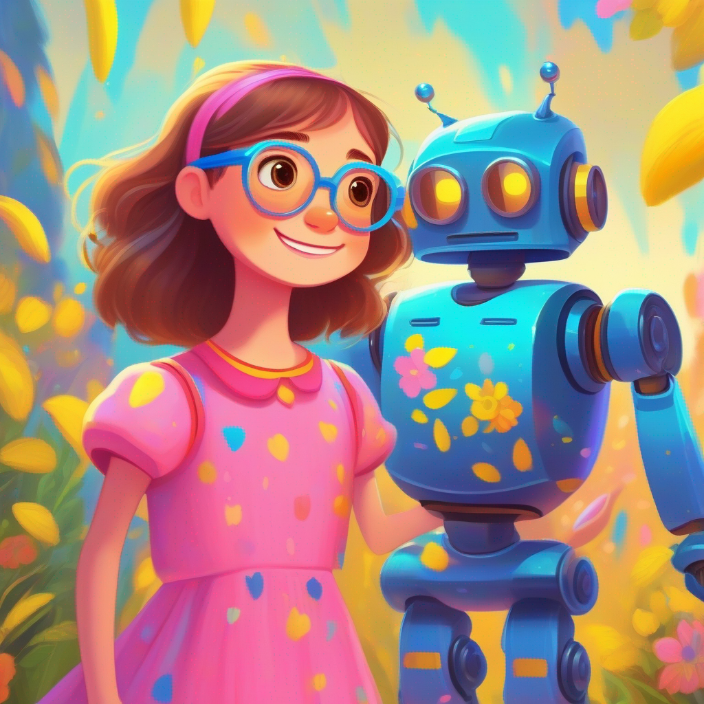 Friendly robot with blue and yellow colors, wears glasses remembers everything and celebrates with Kind girl with brown hair, wearing a pink dress, joyful colors