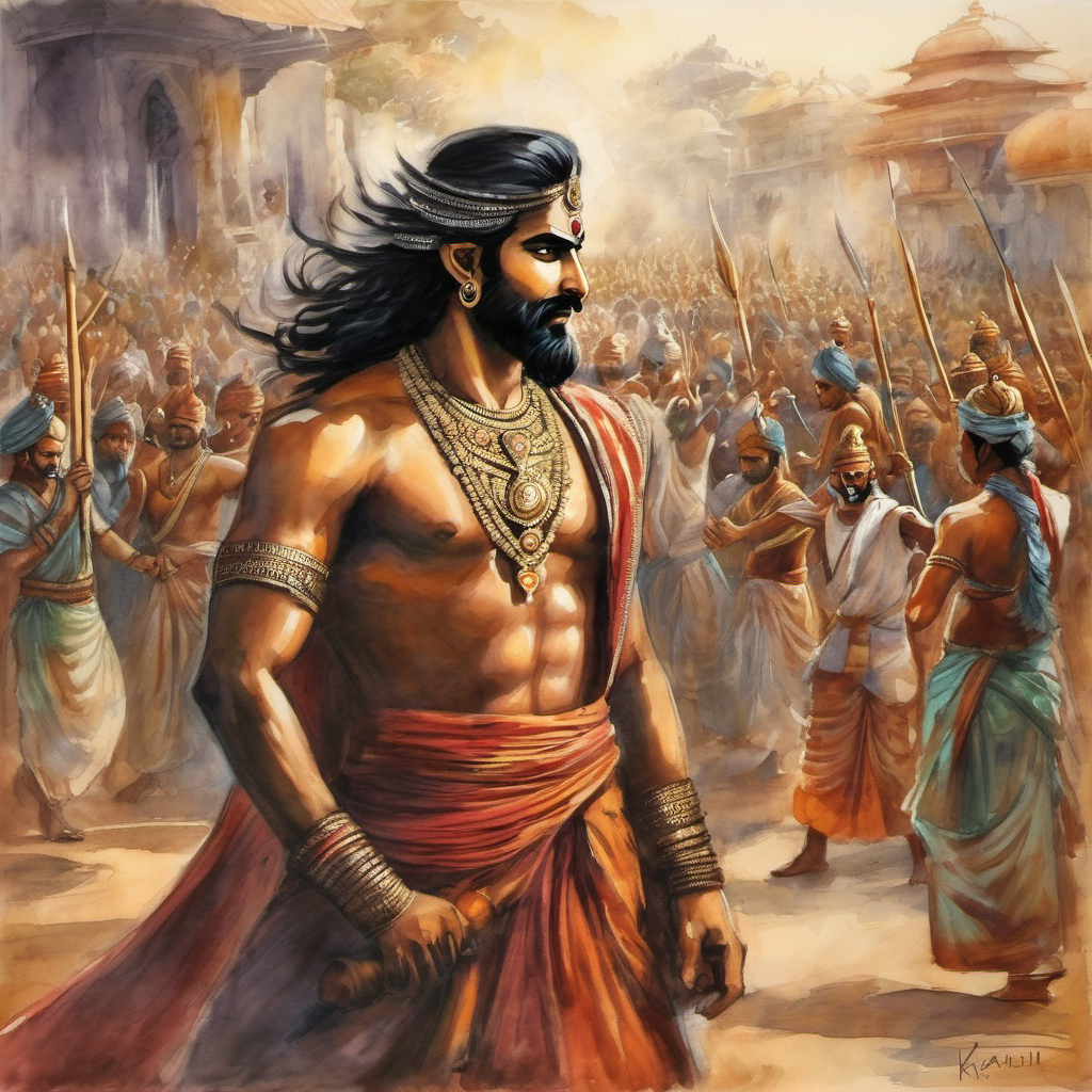 However, not everyone was receptive to Kalki's message. Some individuals were deeply engrossed in their own power and greed. They tried to halt Kalki's mission, fearing that their control would be lost in the process. But Kalki was undeterred. He faced these challenges with courage, continuing to communicate peacefully even in the face of adversity. One particularly difficult encounter took place in the heart of the biggest city, where the wealthiest and most powerful individuals resided. Here, Kalki met a man named Ravana, who represented the epitome of greed and selfishness. Ravana threatened Kalki, demanding that he leave and never return. But Kalki, with his unwavering belief in the goodness of human hearts, saw through Ravana's hardened exterior and spoke to the compassionate soul hidden beneath. He reminded Ravana of the importance of unity and shared responsibility, and how it could bring true happiness and fulfillment. Miraculously, Ravana's heart softened, and he joined Kalki's mission, using his influential voice to spread the message of love and understanding to every corner of the city.