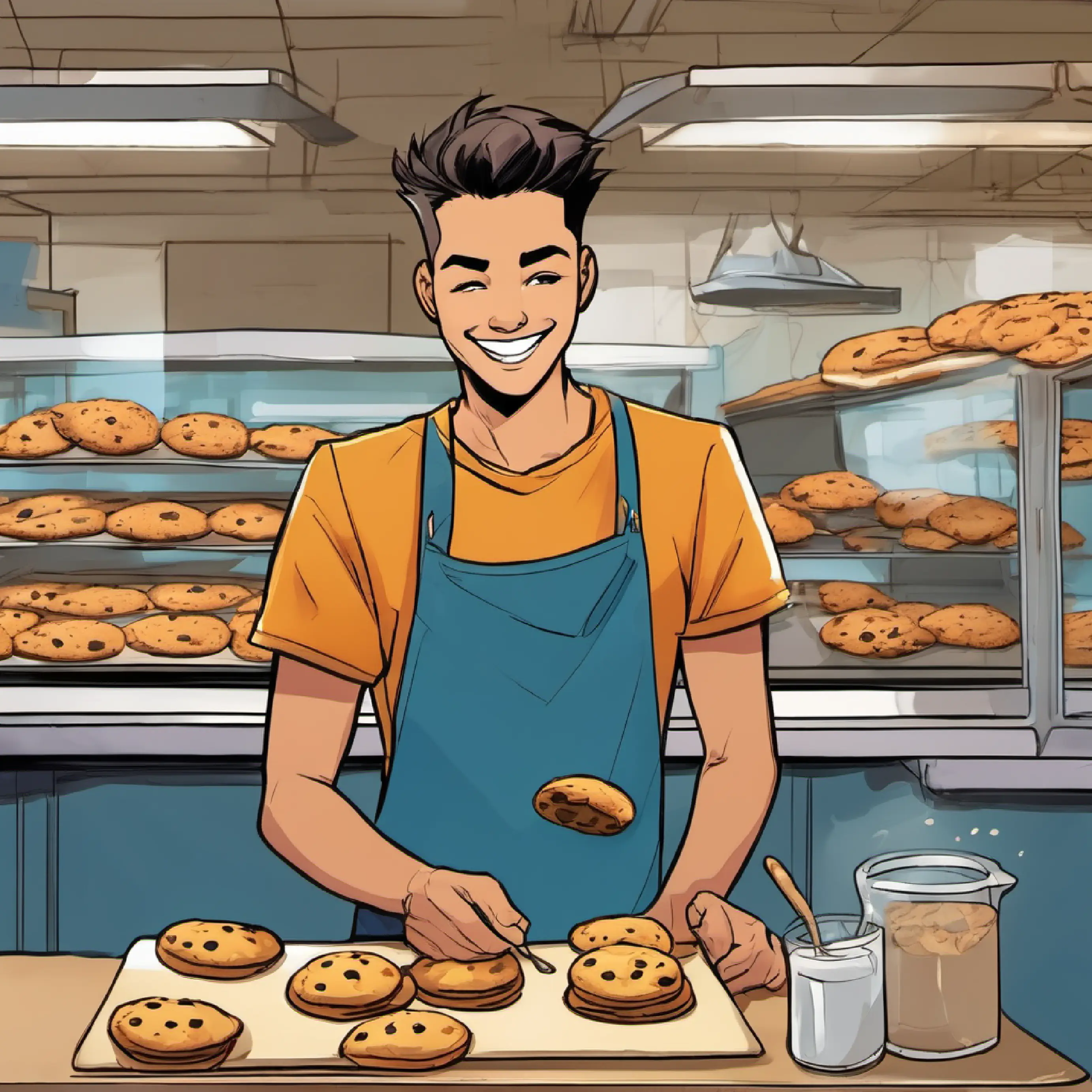 Kevin bakes new cookies at the bakery.