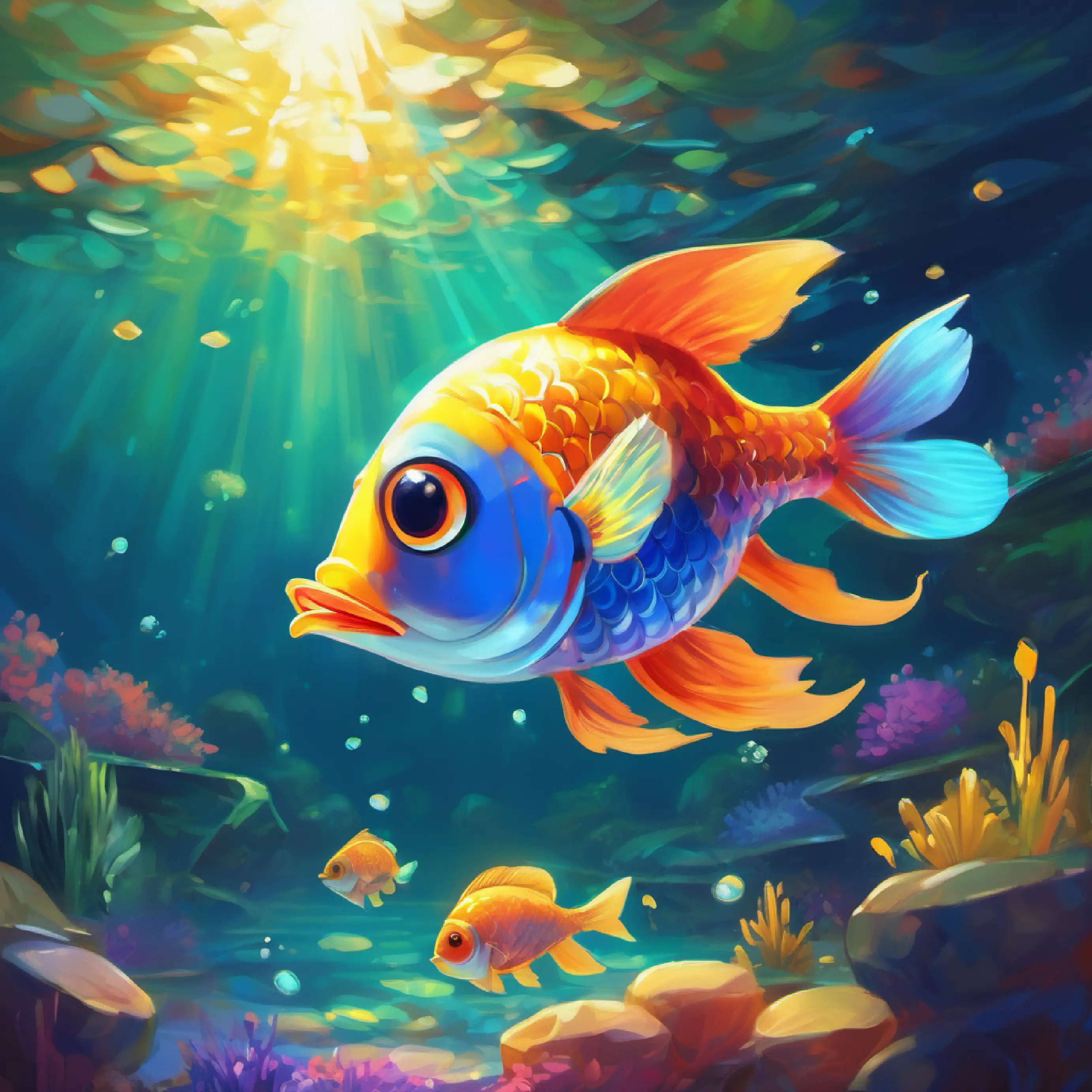 A little fish with bright scales and big dreams sees something shiny, gets excited, and swims towards it.