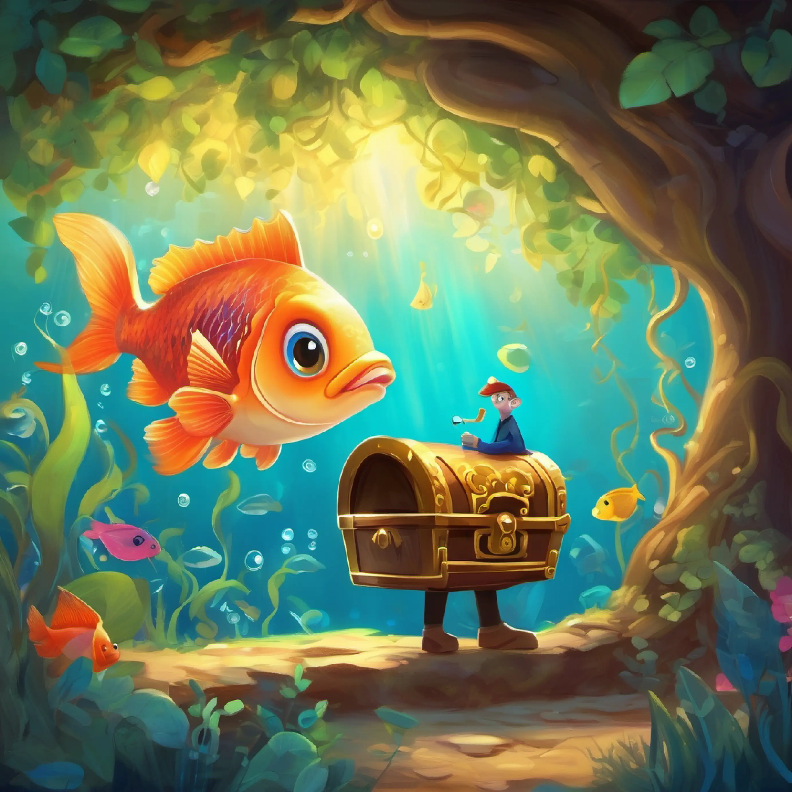 A little fish with bright scales and big dreams finds a key and a note, begins his treasure hunt.