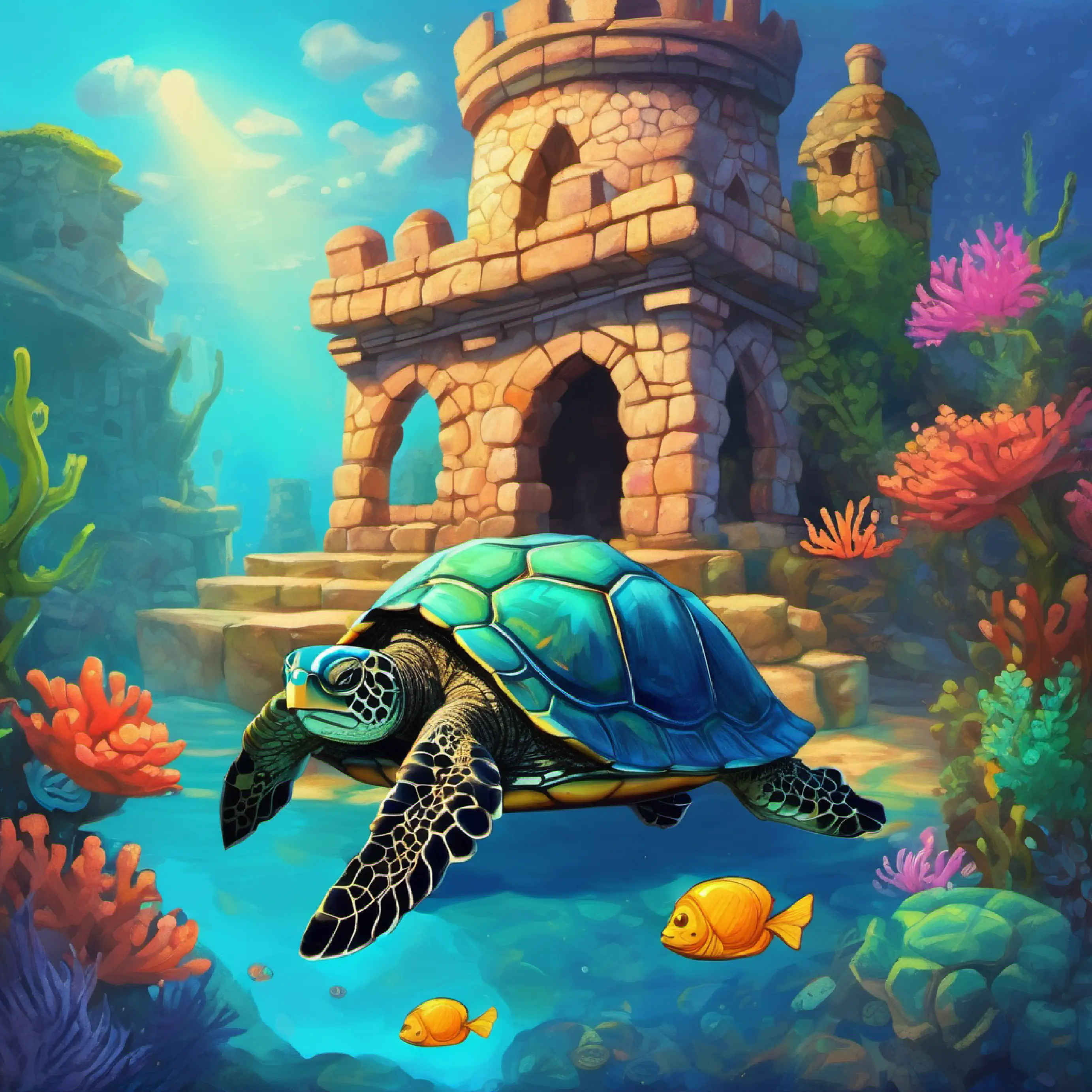 A little fish with bright scales and big dreams meets A wise, old turtle who guards the Coral Castle the turtle and answers a riddle.