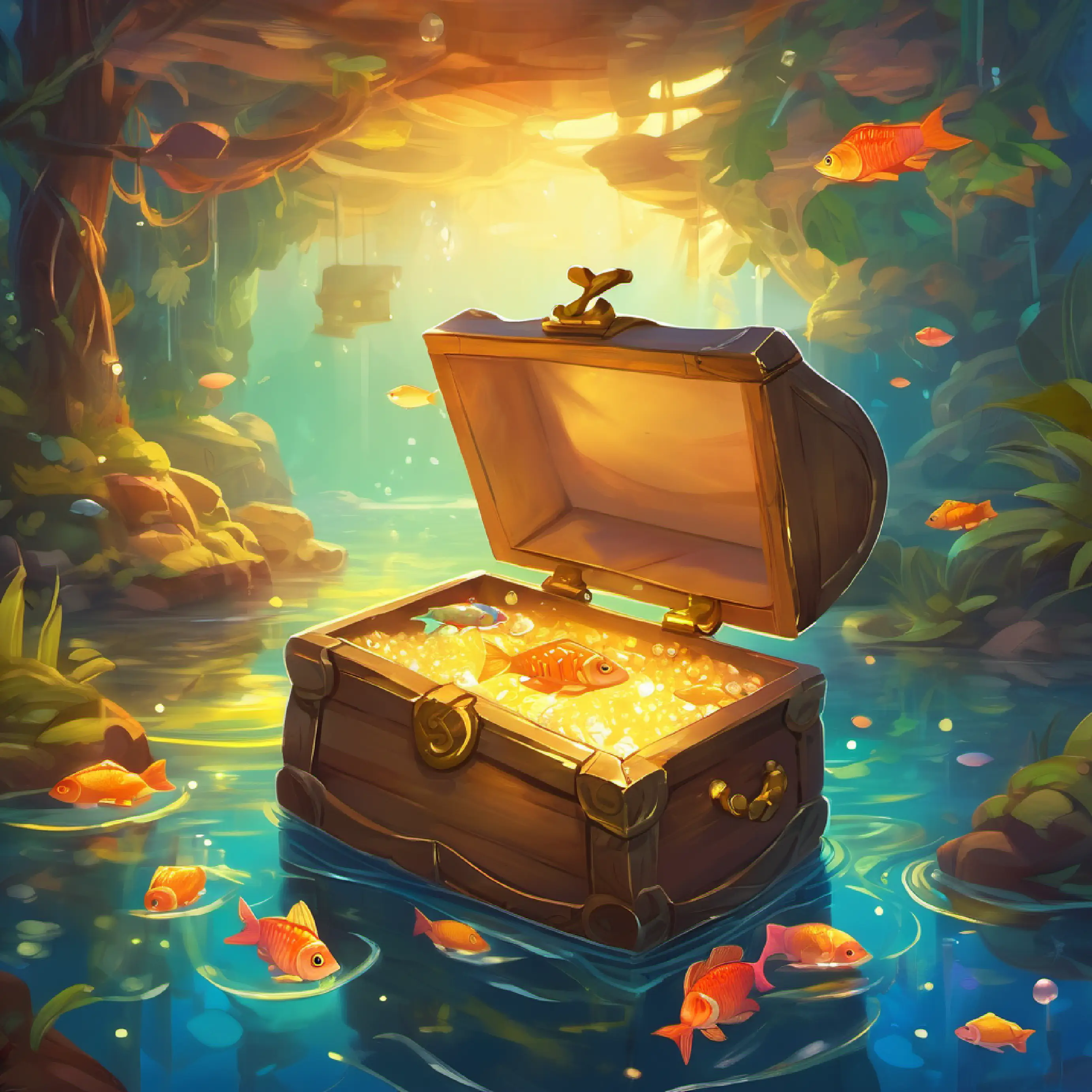 A little fish with bright scales and big dreams opens the treasure chest to find a special mirror.
