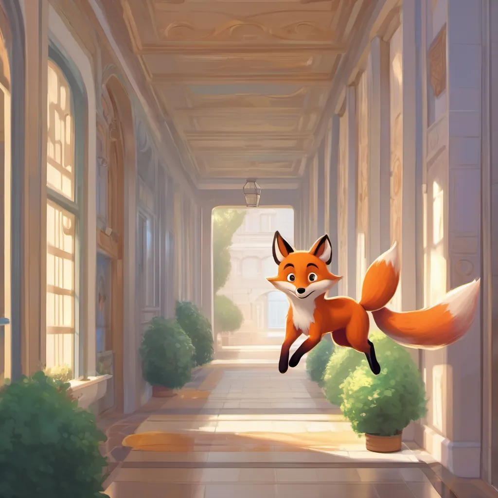Fizzy the Fox, a playful fox character jumping around the university corridors, a playful fox character jumping around the university corridors.