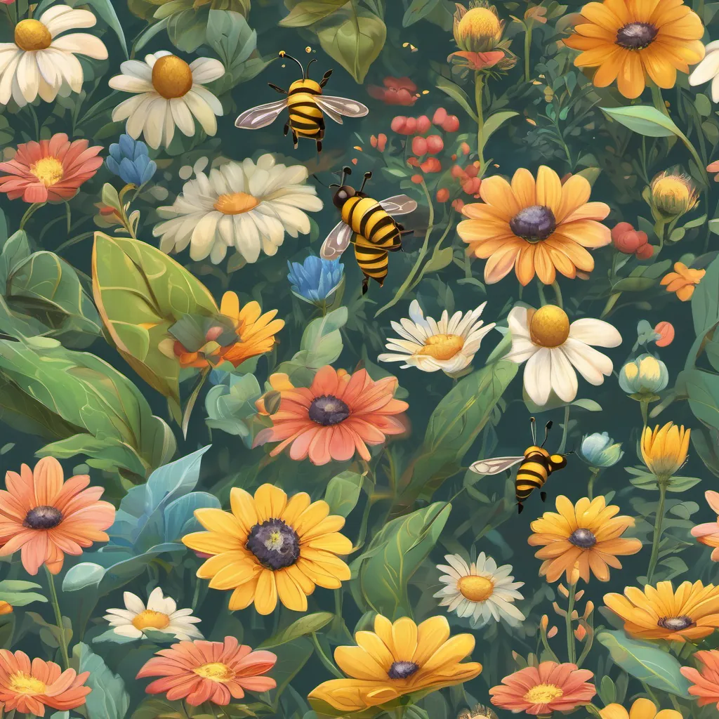 Buzzy the Bee, an energetic bee character, buzzing around and interacting with flowers and books, an energetic bee character, buzzing around and interacting with flowers and books.
