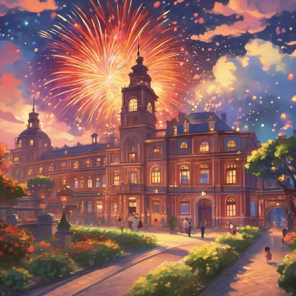A vibrant scene of fireworks exploding in the sky over the university.