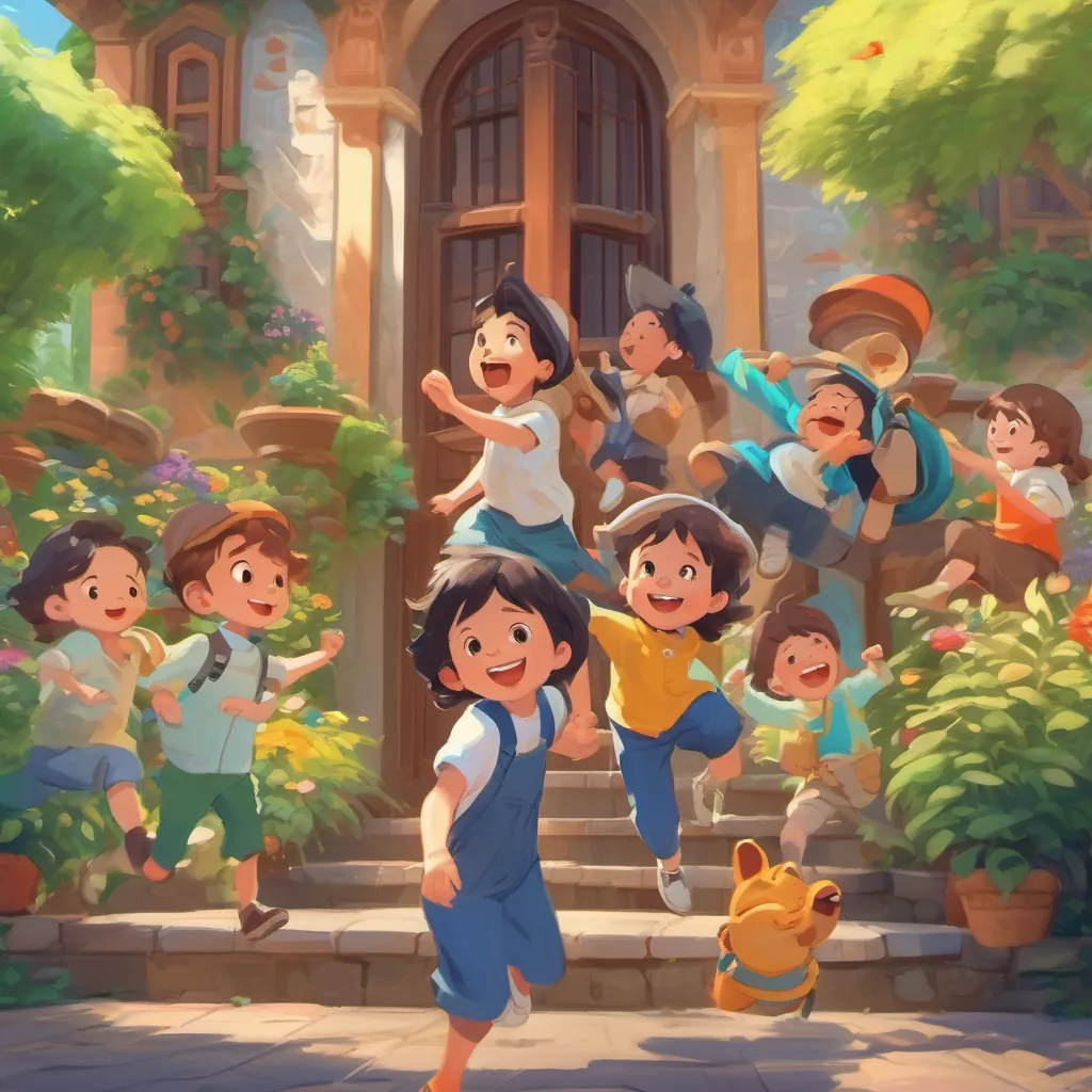 Children laughing and playing around the university, with vibrant colors and joyful expressions.