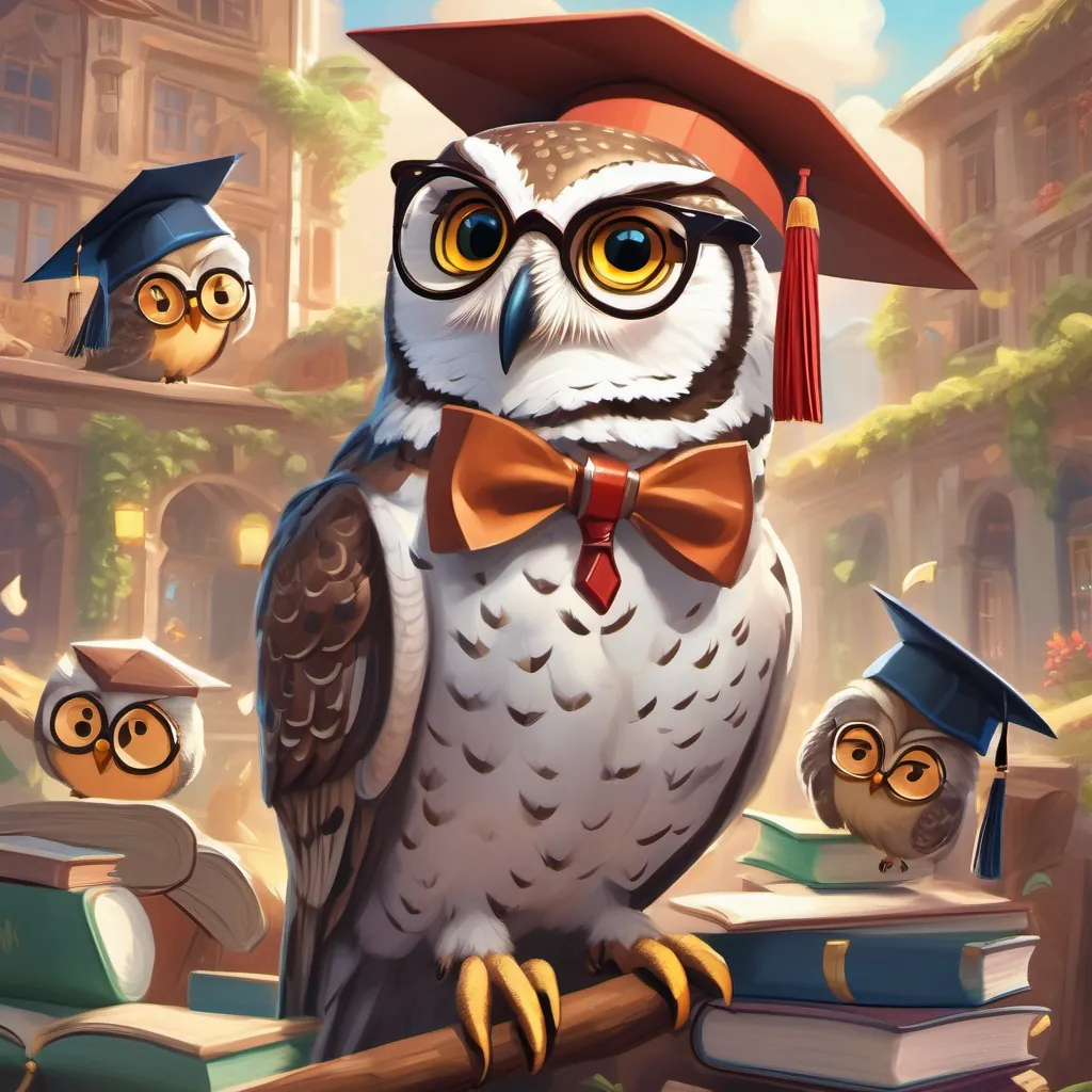 Professor Owl, an elderly owl with spectacles and a graduation cap, teaching a class of diverse, whimsical students winking at the students with a joyful and wise expression.