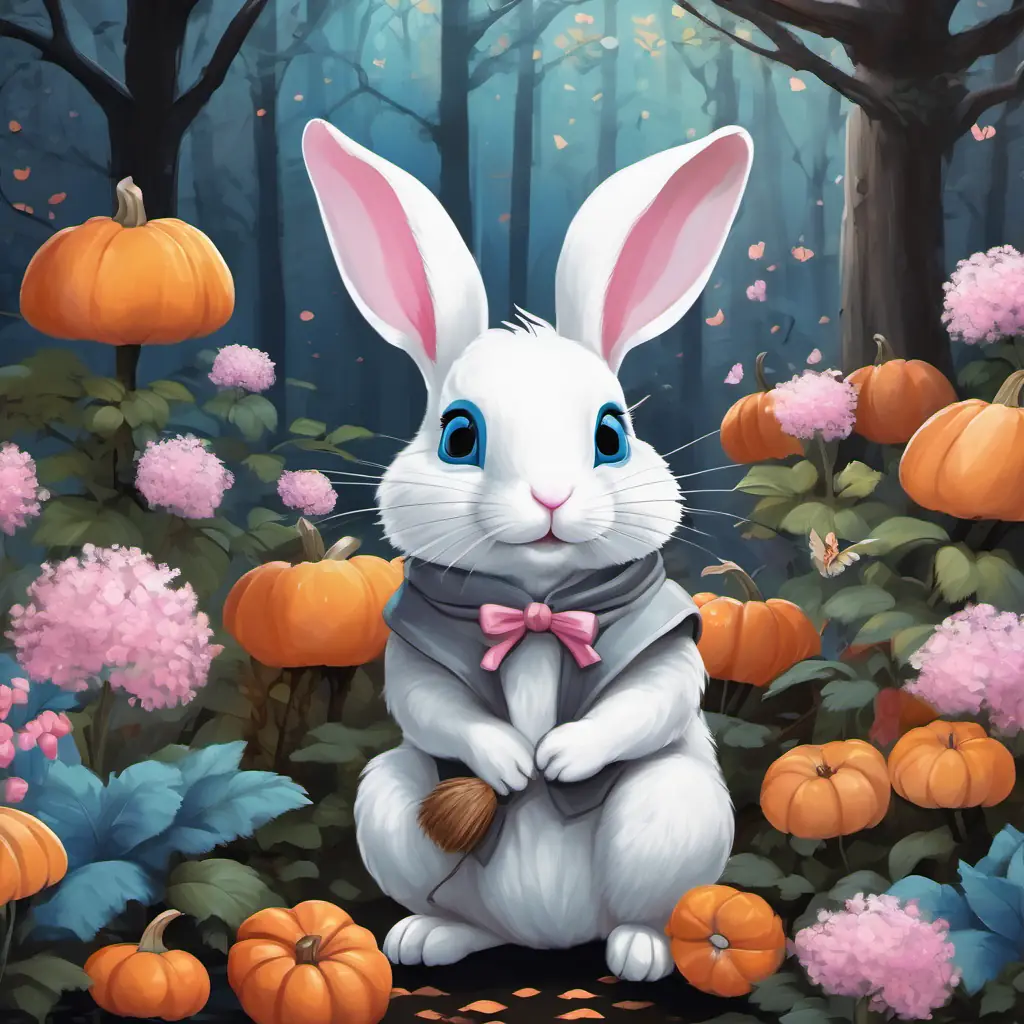 The story begins in a beautiful garden with colorful flowers. White rabbit with blue eyes is a white rabbit with blue eyes. Brown squirrel with black eyes is a squirrel with brown fur and black eyes. Gray mouse with pink eyes is a mouse with gray fur and pink eyes.