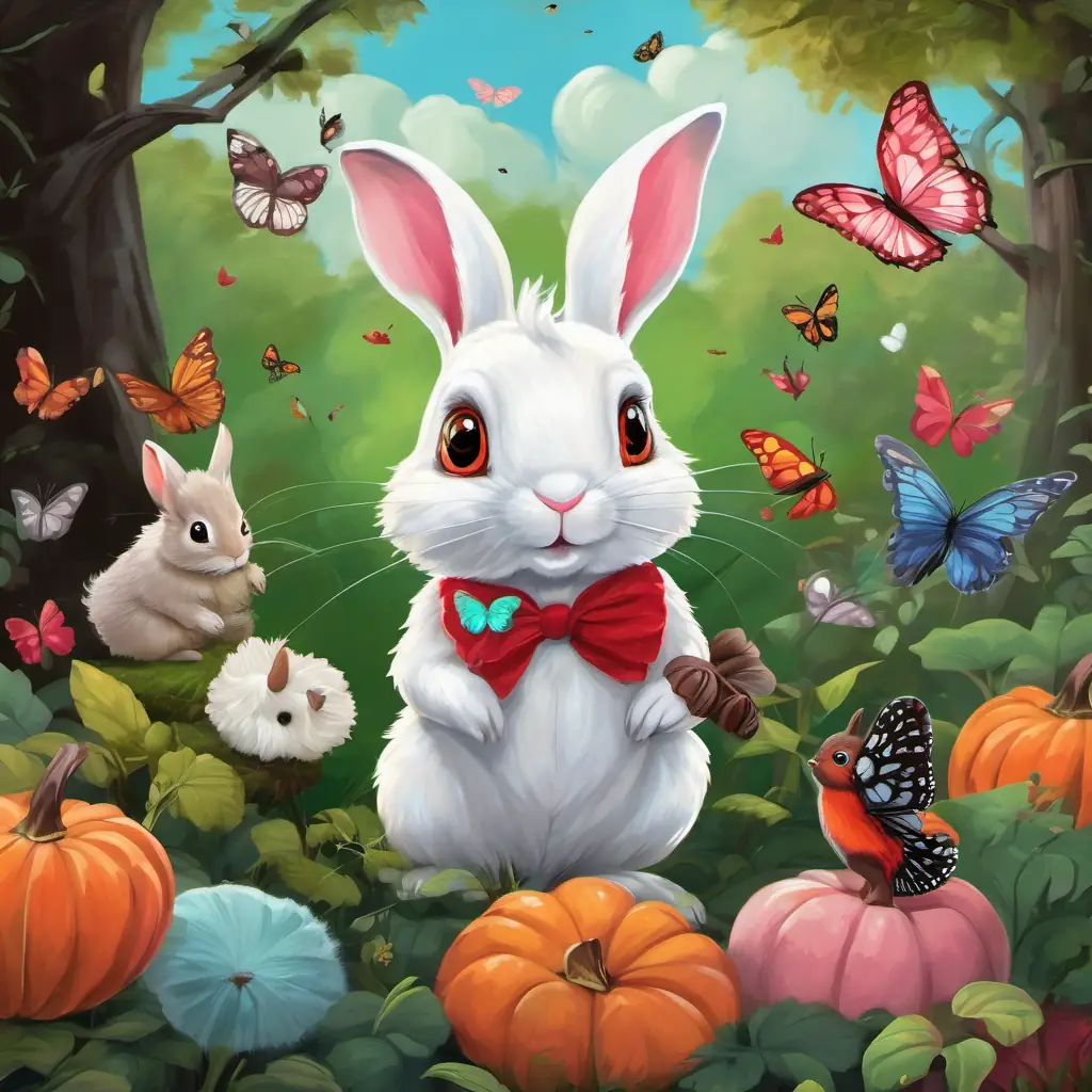 White rabbit with blue eyes, Brown squirrel with black eyes, and Gray mouse with pink eyes explore the garden and meet Butterfly with red wings and green eyes, a butterfly with red wings and green eyes.