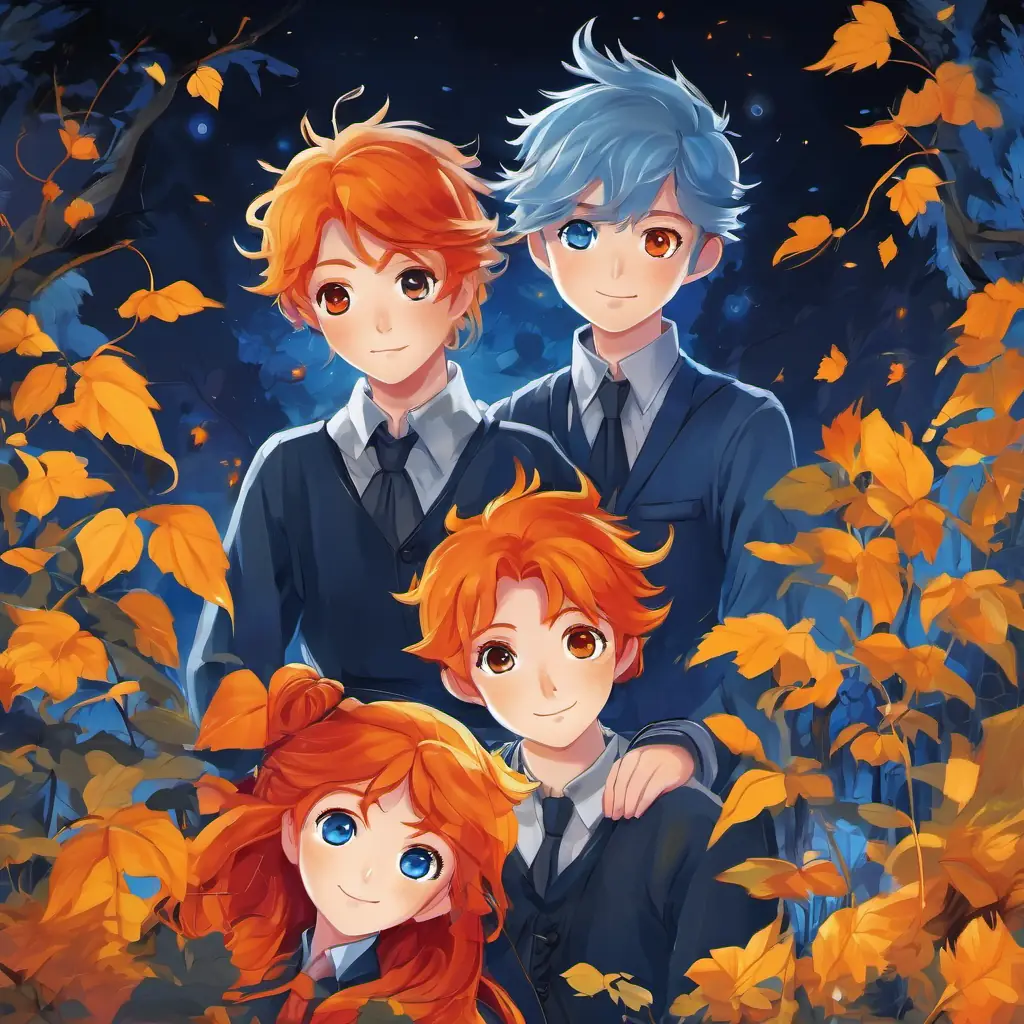 The friends meet the Fiery red hair and bright orange eyes with red hair and orange eyes, symbolizing love. Next, they meet the Golden hair and sparkling yellow eyes with golden hair and yellow eyes, symbolizing joy. Finally, they meet the Long blue hair and deep blue eyes with blue hair and blue eyes, symbolizing peace.