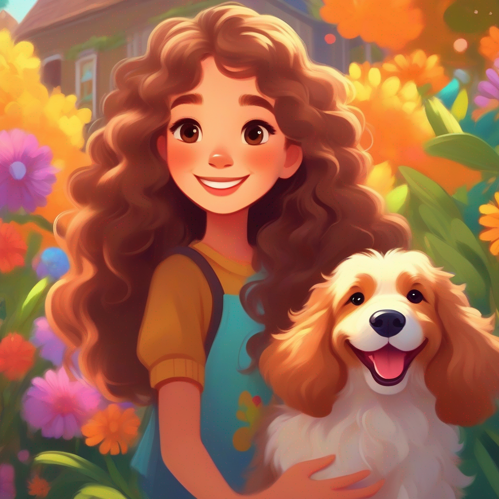 A beautiful girl with long curly hair and a bright smile. and A cute little puppy with fluffy brown fur and a wagging tail. playing in the colorful orphanage garden.