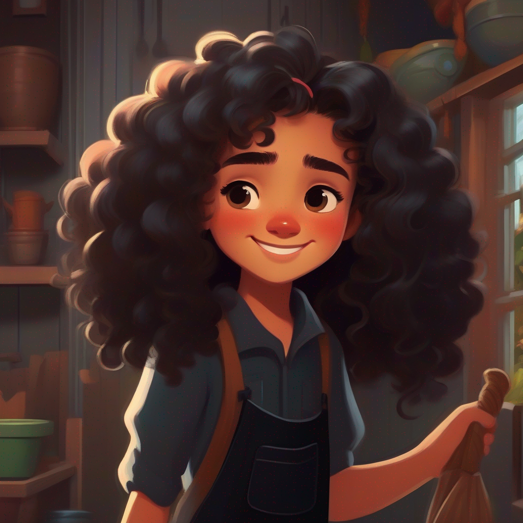 A beautiful girl with long curly hair and a bright smile. looking sad while doing chores in A mean man with a grumpy face and black clothes.'s house.
