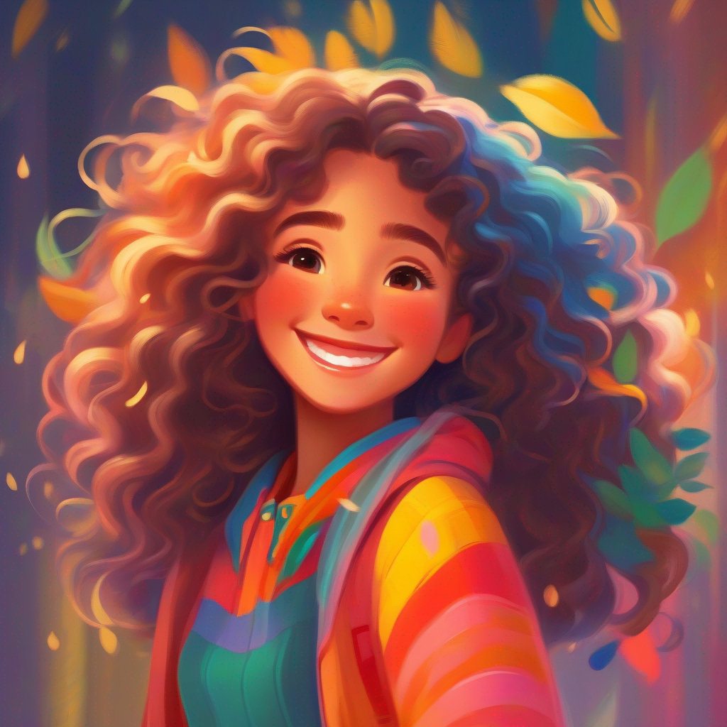A kind lady with a warm smile and colorful clothes. rescuing A beautiful girl with long curly hair and a bright smile. and giving her a hug.