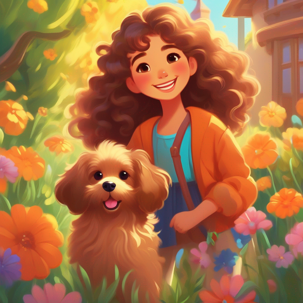A beautiful girl with long curly hair and a bright smile. and A cute little puppy with fluffy brown fur and a wagging tail. playing in the garden of A kind lady with a warm smile and colorful clothes.'s home.