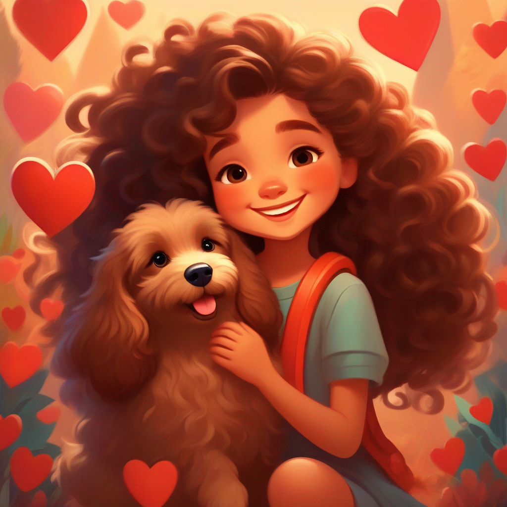 A beautiful girl with long curly hair and a bright smile. and A cute little puppy with fluffy brown fur and a wagging tail. surrounded by a heart symbol, representing love and empathy.