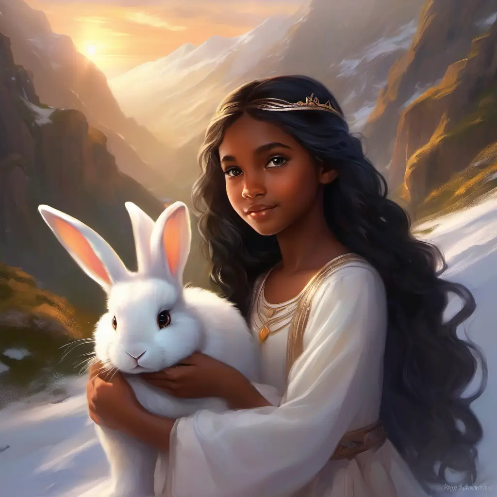 Introduction to Young girl, caring, brown skin, big brown eyes, long black hair and Snow-white bunny, fluffy, long ears, bright sparkly eyes, setting in hills, companionship.