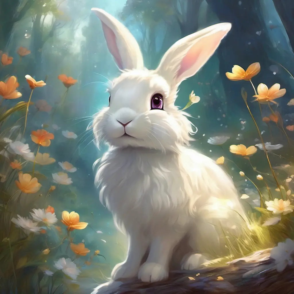 Snow-white bunny, fluffy, long ears, bright sparkly eyes's appearance, sensitivity to birds' singing.