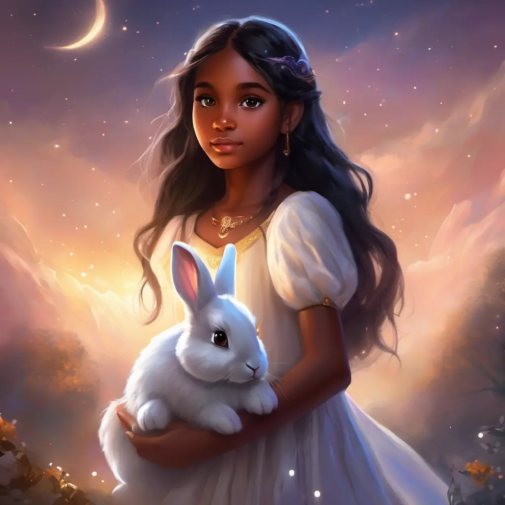 Young girl, caring, brown skin, big brown eyes, long black hair spots Snow-white bunny, fluffy, long ears, bright sparkly eyes, senses danger, feels responsibility.