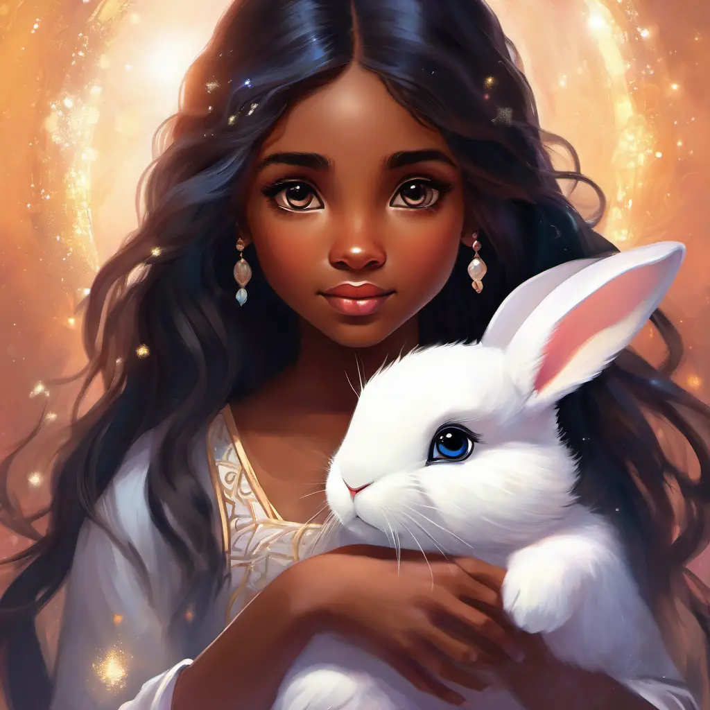 Young girl, caring, brown skin, big brown eyes, long black hair tries to call Snow-white bunny, fluffy, long ears, bright sparkly eyes back, Snow-white bunny, fluffy, long ears, bright sparkly eyes is distracted.