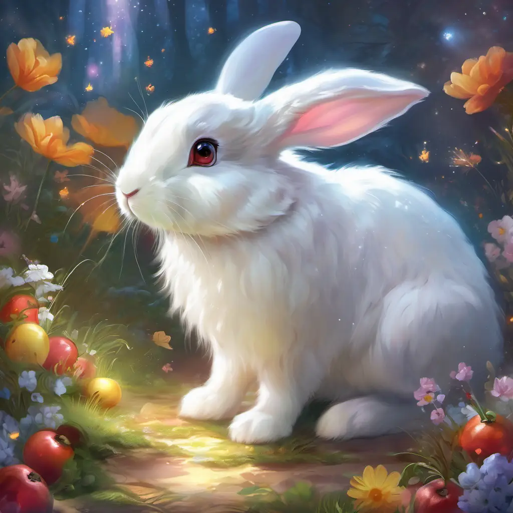 Snow-white bunny, fluffy, long ears, bright sparkly eyes is enticed by the smell of food.