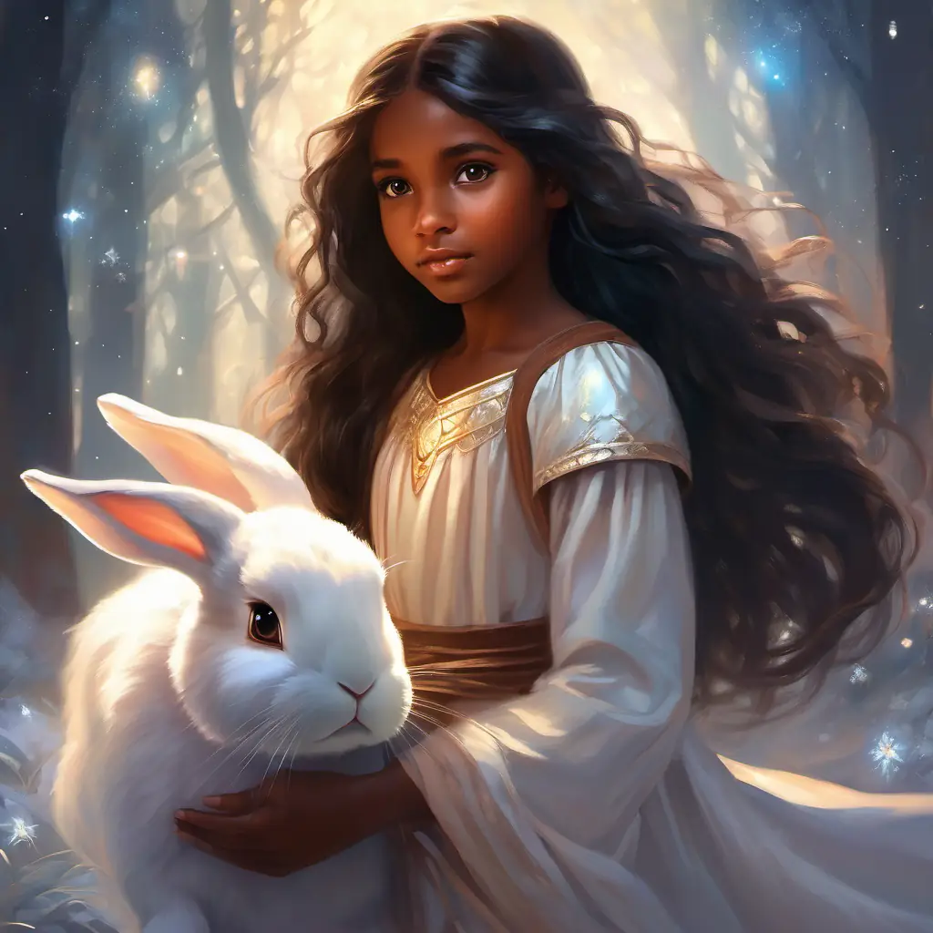 Young girl, caring, brown skin, big brown eyes, long black hair chases Snow-white bunny, fluffy, long ears, bright sparkly eyes, worried for his safety.