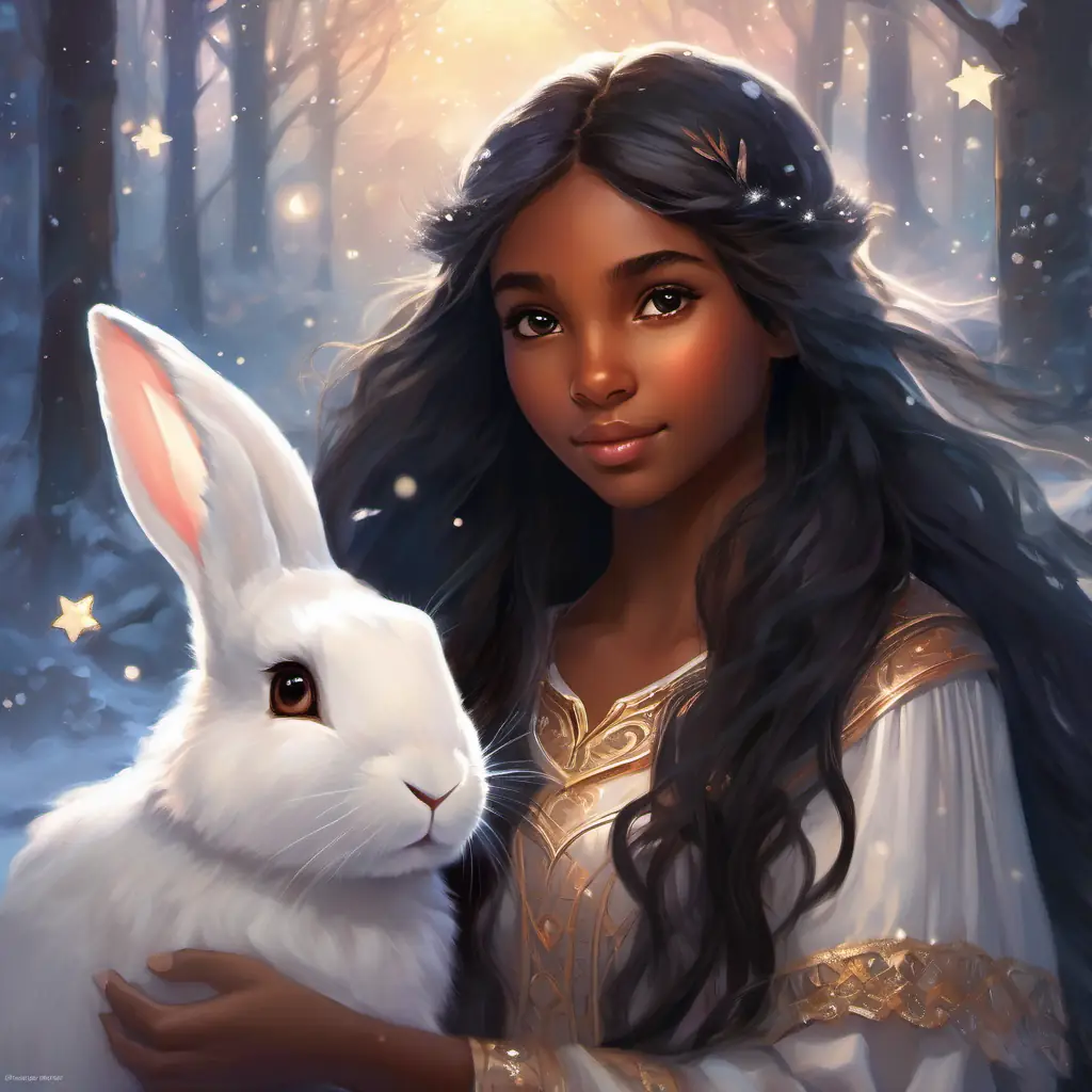 Young girl, caring, brown skin, big brown eyes, long black hair catches Snow-white bunny, fluffy, long ears, bright sparkly eyes, they're reunited.