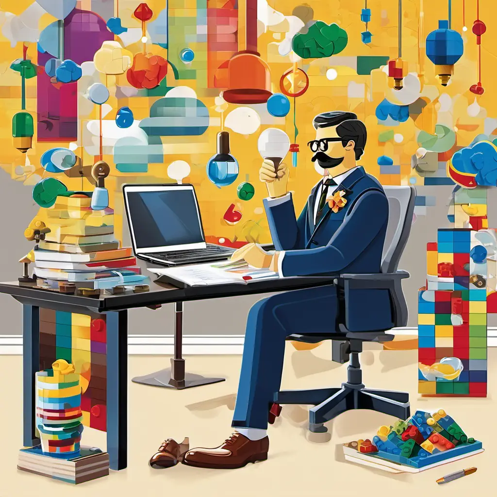 Illustration of Glasses, mustache, dapper suit, and shiny shoes, a thoughtful planner sitting at a desk, pondering, with colorful thought bubbles all around filled with lightbulbs and stars.