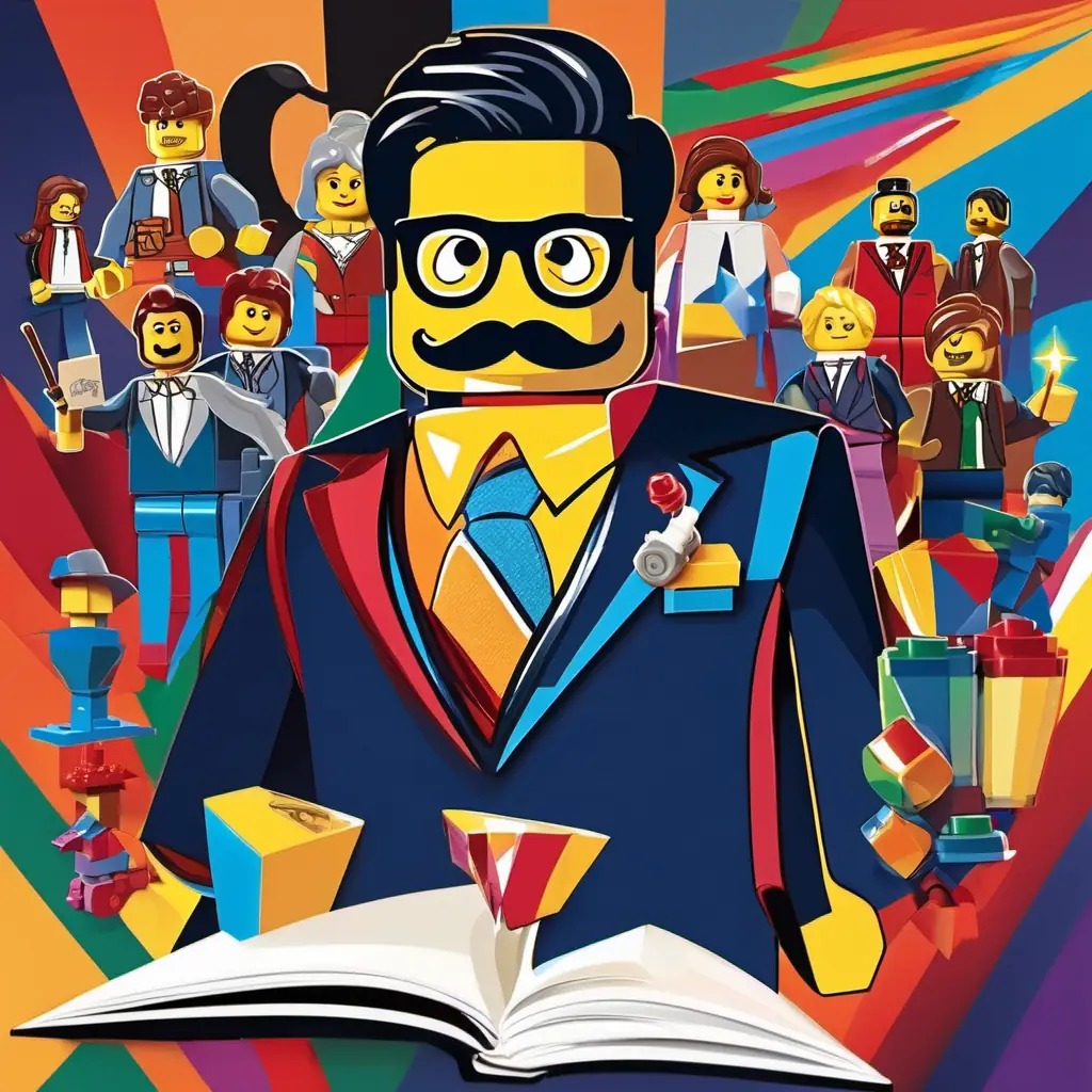 A picture of Glasses, mustache, dapper suit, and shiny shoes, a thoughtful planner with a big smile, surrounded by vibrant, empowered-looking women holding sparkly capes and sticks with fire.