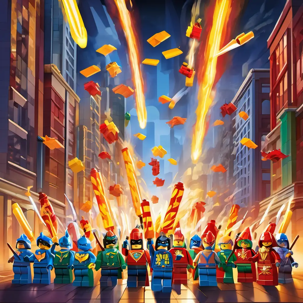 A colorful illustration of a parade with ladies dressed in superhero outfits, holding glowing fire sticks, and flying through the air like superheroes.