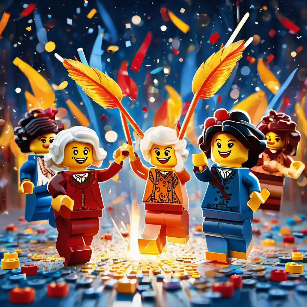 A joyful illustration of happy, giggling ladies dancing around with their fire sticks, surrounded by confetti, feathers, and beams of light.