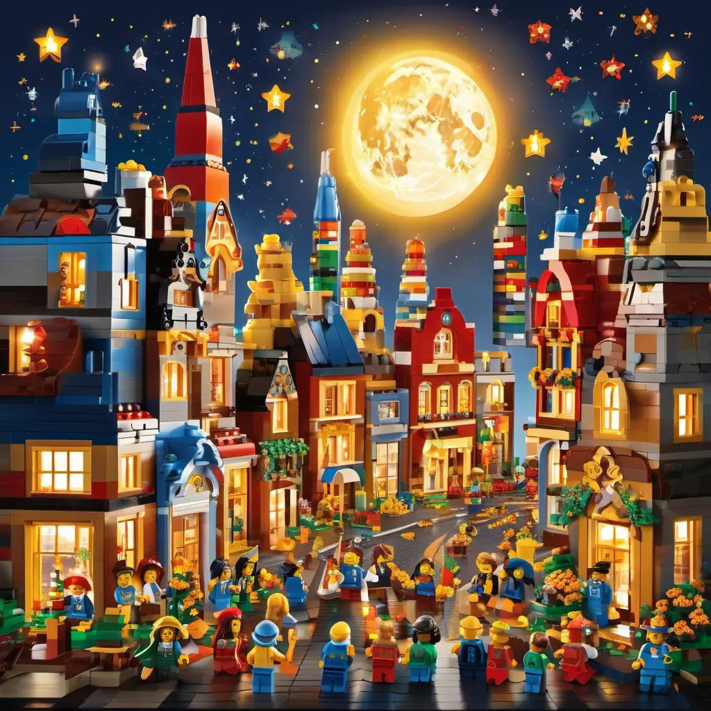 A heartwarming illustration of the town filled with glowing fire sticks held high by the jubilant ladies, with happy faces, stars, and the moon shining down on them.