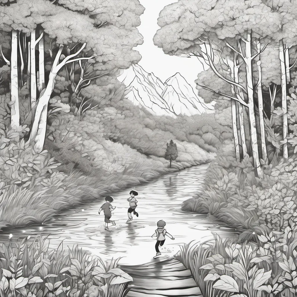 A group of kids skipping and dashing through a vibrant, lively forest towards a sparkling river