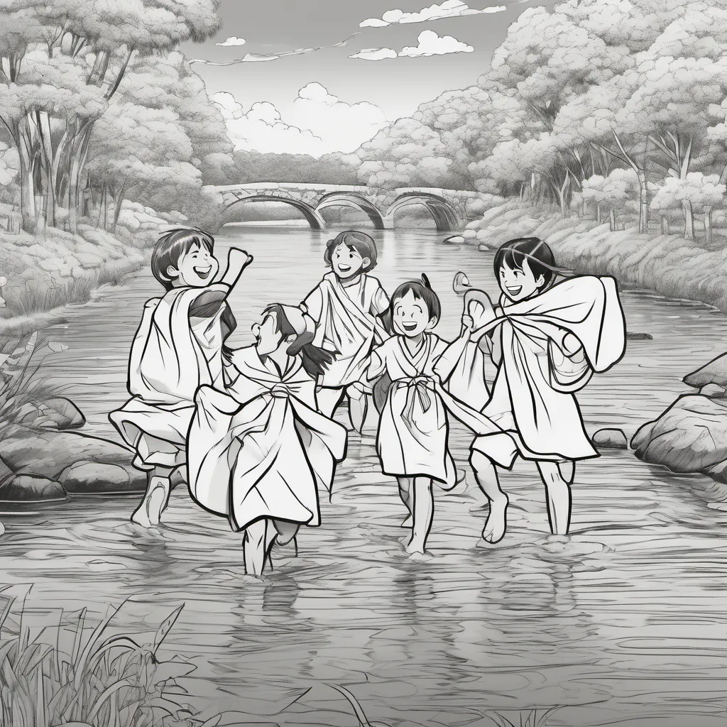 Children wrapping towels around themselves, still smiling and laughing, as they walk away from the river