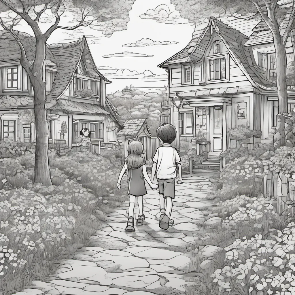 Children walking back home under the twilight, holding hands and chatting happily