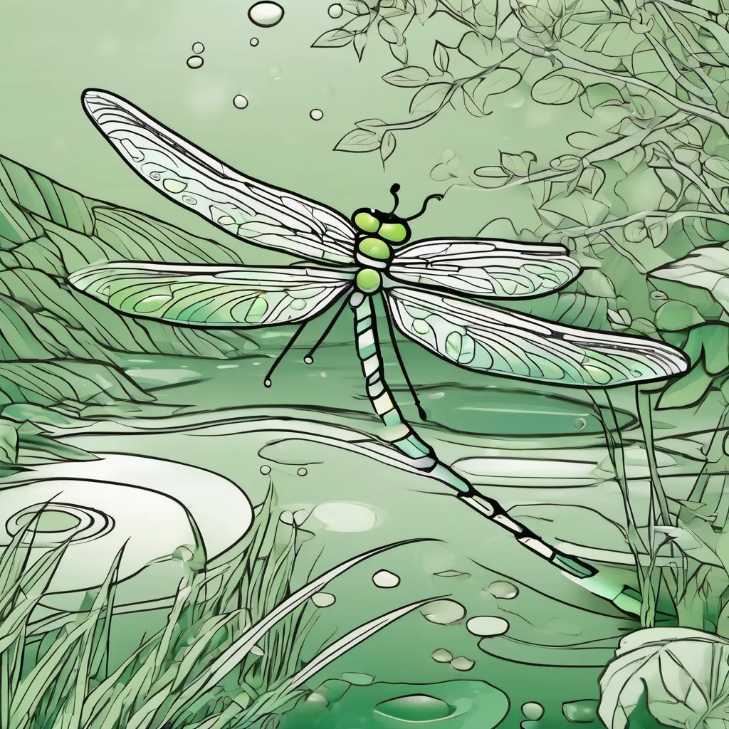 A close-up of a dragonfly hovering over the water with a green, gem-like appearance