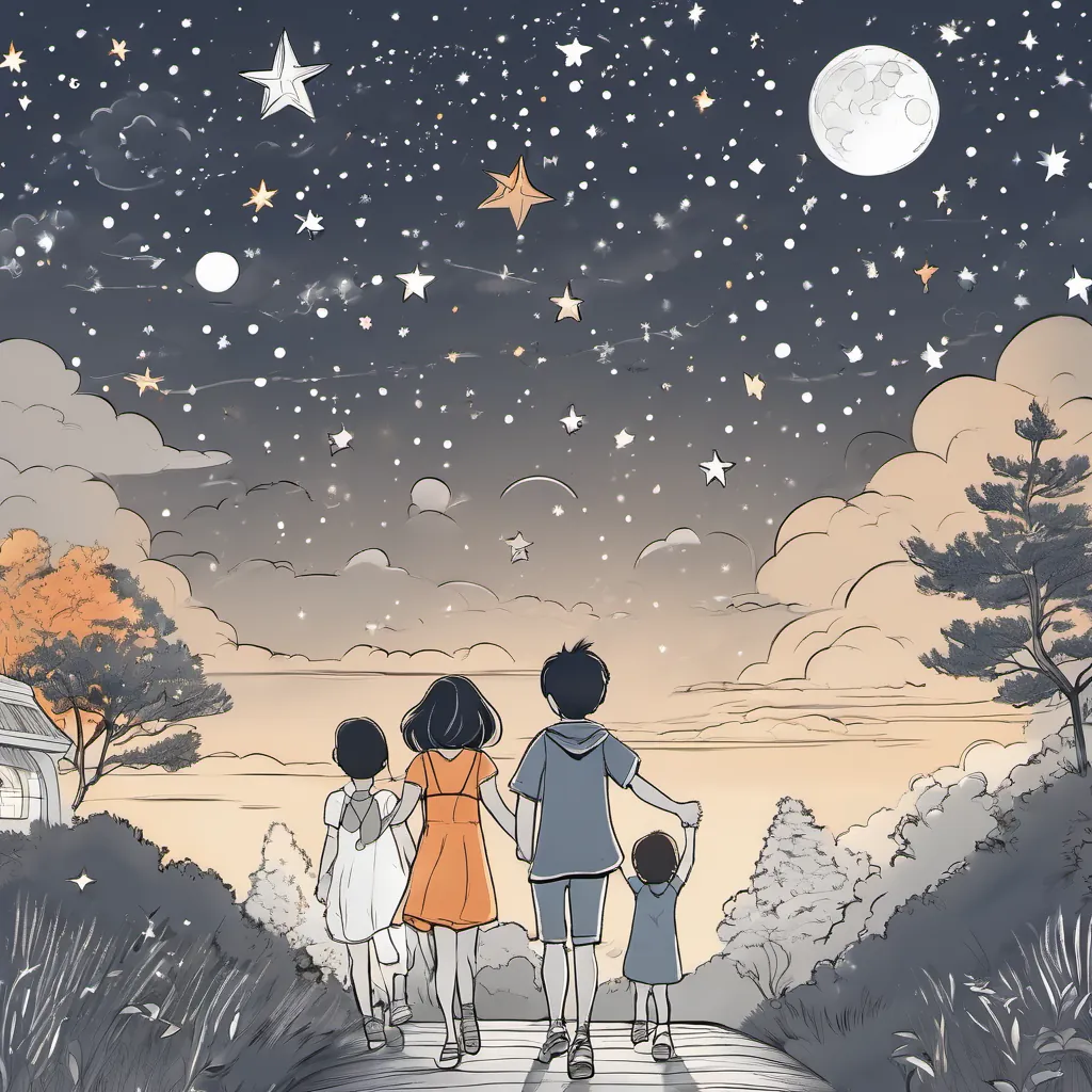 A sky transitioning from orange to dark blue with stars beginning to twinkle, children waving goodbye