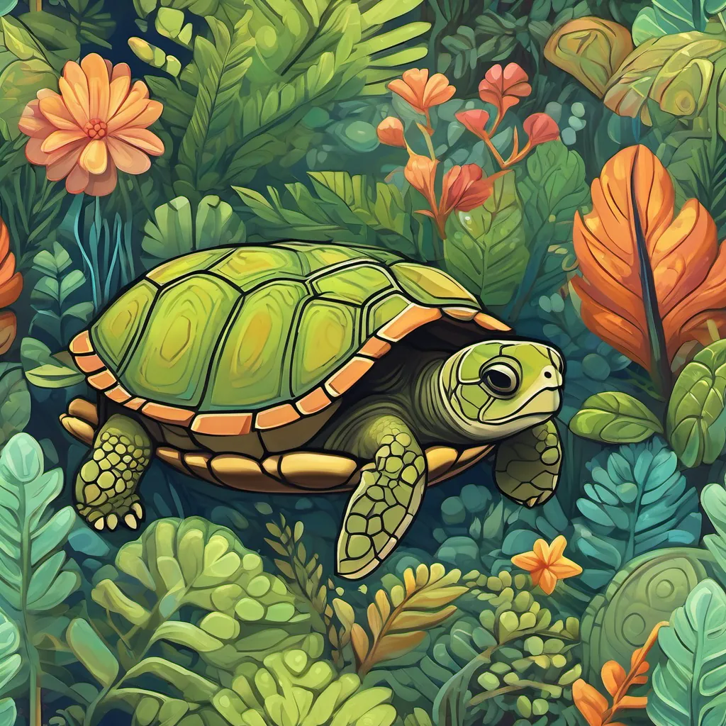 A serene forest with lush trees and a small, adventurous turtle named A small turtle with bright eyes, a shell with unique patterns, and a determined expression at the edge of a clearing.